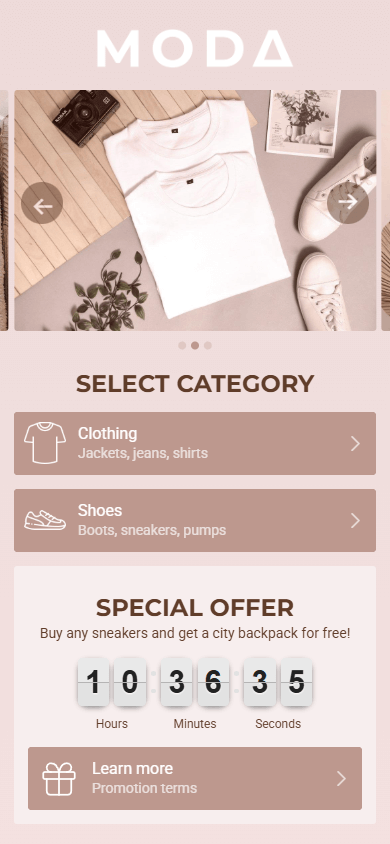 Clothing and footwear store’s page that displays text, an image carousel, buttons, and a countdown timer