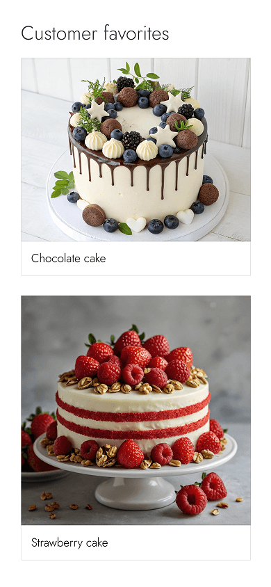 Middle section of the bakery’s Milkshake-style website showing customer favorite cakes