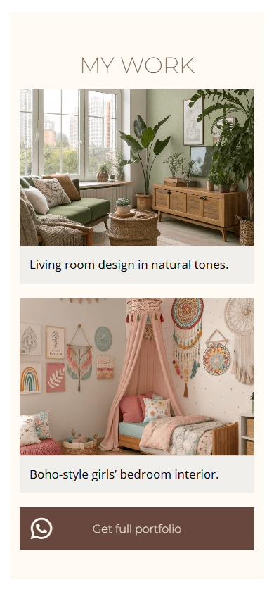 Middle section of the interior designer’s Milkshake-style website showing project portfolio examples