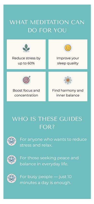 Middle section of the guide seller’s Milkshake-style website showing meditation benefits