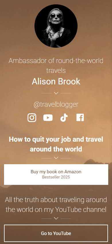 Taplink link in bio page template for a travel blogger