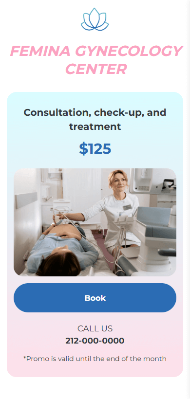Taplink-built Instagram landing page for a gynecology center displaying headlines, text, an image, and a booking button