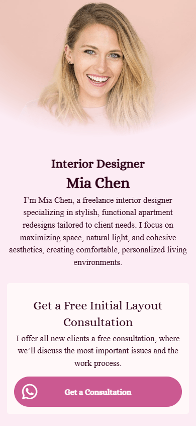 Top of the designer’s website created with the Taplink AI website builder