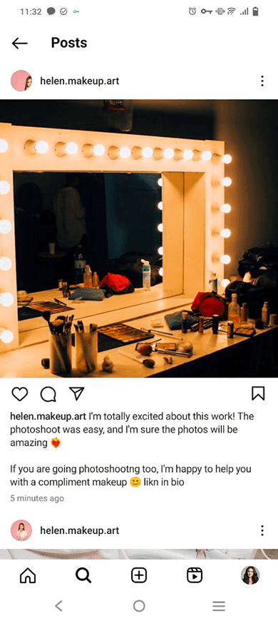 Instagram post of a makeup artist featuring and image and a caption