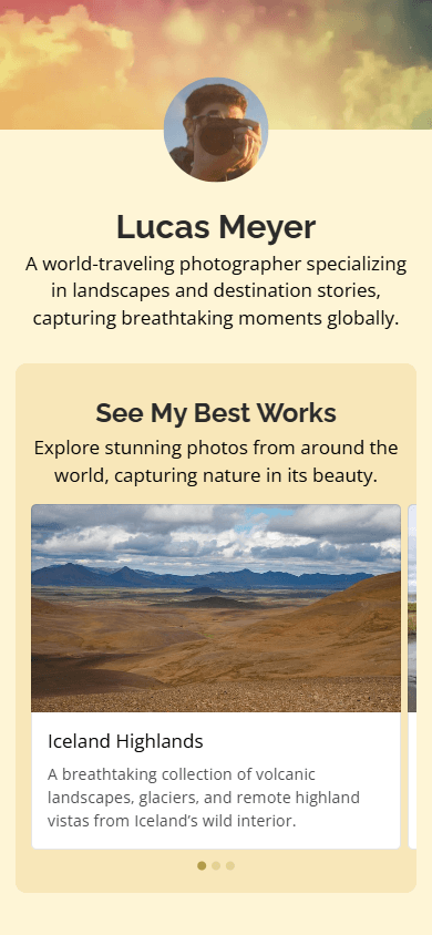 Top of the photographer’s website created with the Taplink AI website builder