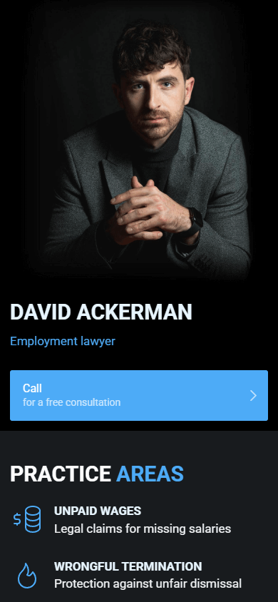 Top of the lawyer’s link in bio page featuring his photo, a call button, headlines, text, and a list