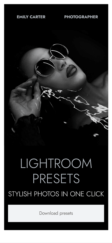 Top section of the photographer’s Milkshake-style website selling Lightroom presets