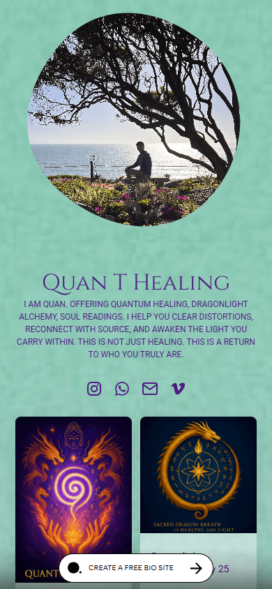 Landing page created with Bio Sites featuring a profile image, text, social media links, and digital products
