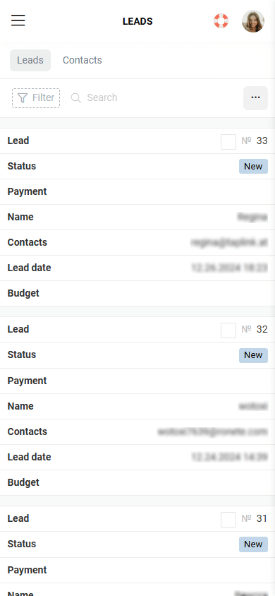 Taplink’s Leads page with details about customers
