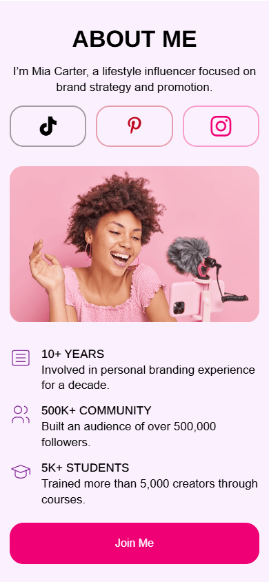 Middle of the advertising specialist’s website created using Taplink