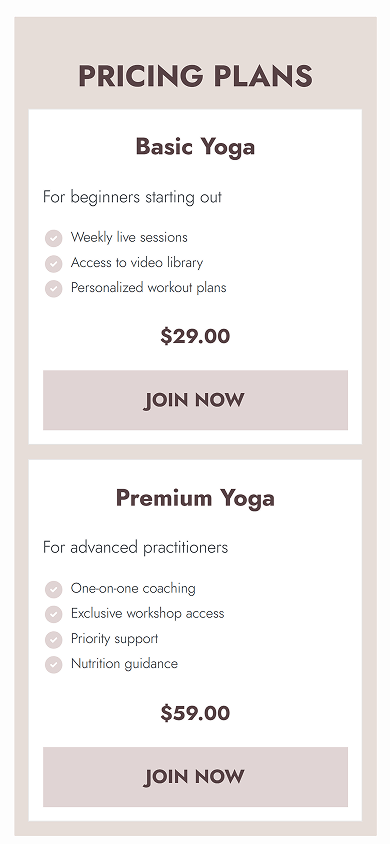 Middle section of the online fitness trainer’s Milkshake-style website with pricing plans