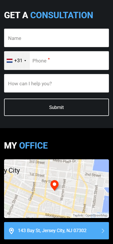 Law firm’s link in bio page that displays headlines, a contact form, a submit button, and a map