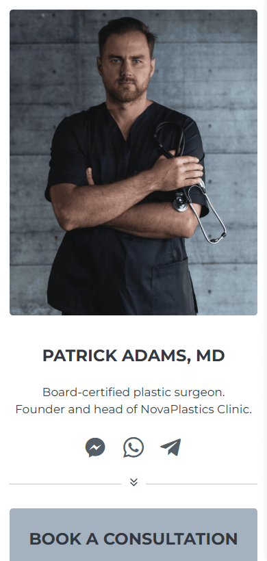 Instagram landing page for a plastic surgeon created with Taplink that shows a photo, text, and social media links
