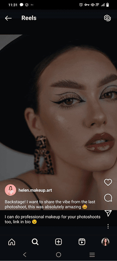 An Instagram Reel of a makeup artist with a caption