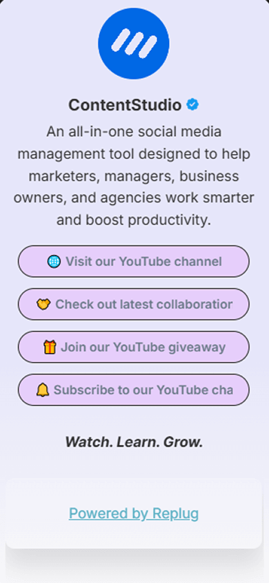 Replug landing page that features a profile image, a headline, text, and buttons