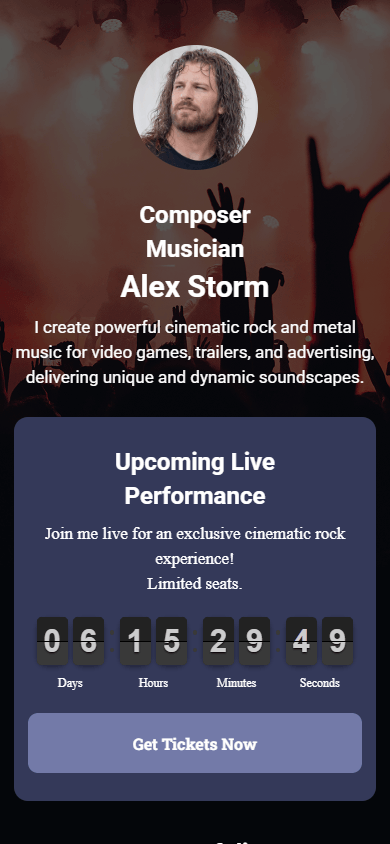 Top of the music artist’s website created with the Taplink AI website builder