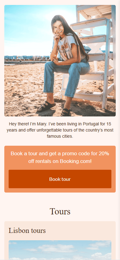 Travel blogger landing page template available on Taplink