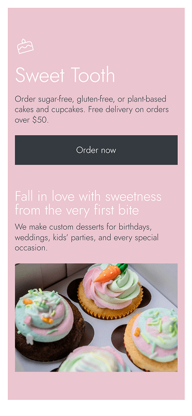 Top section of the bakery’s Milkshake-style website promoting custom desserts