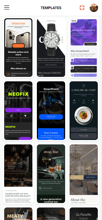 Second part of the website templates in the Taplink AI website builder