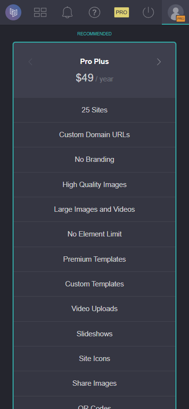Carrd’s Pro Plus plan featuring its price and features