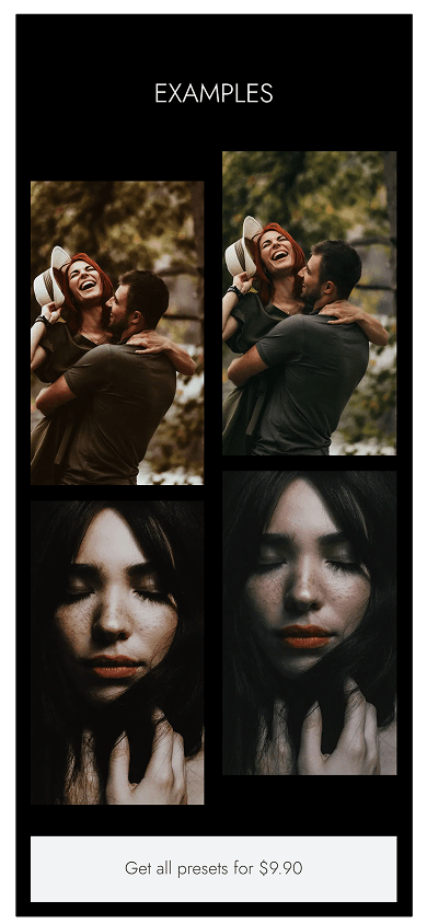 Middle section of the photographer’s Milkshake-style website showing a Custom block photo grid