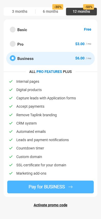 Taplink’s Business plans with its price and features