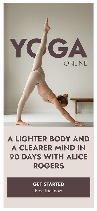 Top section of the online fitness trainer’s Milkshake-style website promoting yoga