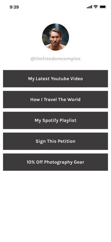 Page built with the Bio.fm link in bio tool that shows a profile image, a username, and buttons