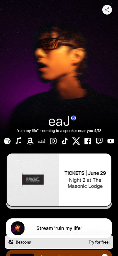 Beacons link in bio page that displays a profile image, text, socials links, a ticket purchase button, and a stream button