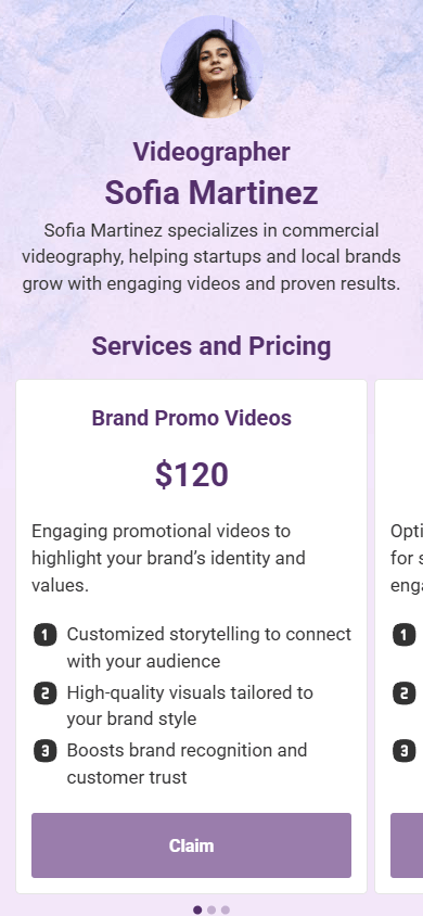 Top of the portfolio website created with the Taplink AI website builder