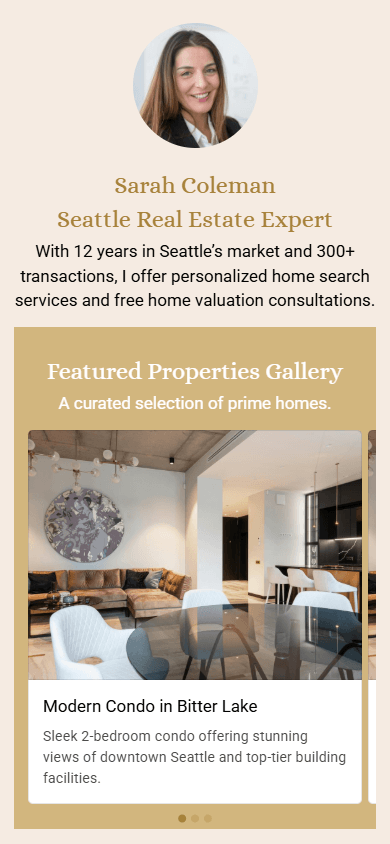Top of the real estate agent’s website generated with the Taplink AI website builder