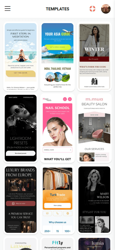 First part of the website templates available in the Taplink AI website builder