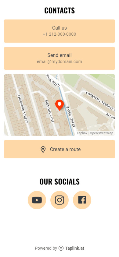 Page created with Taplink, an alternative to Beacons, and showing text, contact buttons, a map, and social media links