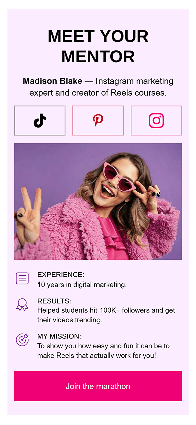 Middle section of the course host’s Milkshake-style website showing the Media and text block