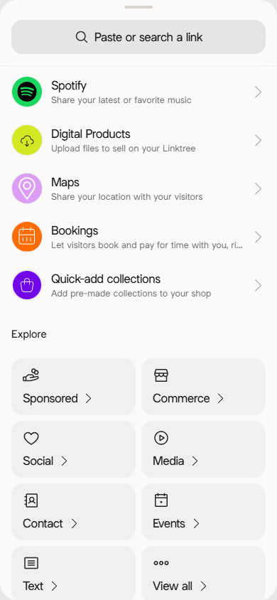 Five content blocks and eight block categories in the Linktree link in bio tool