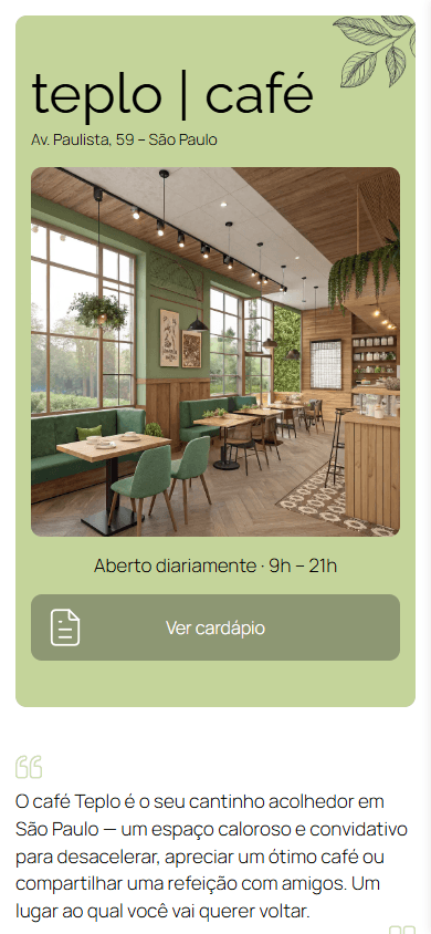 Parte superior do exemplo de página de link na bio de um café
