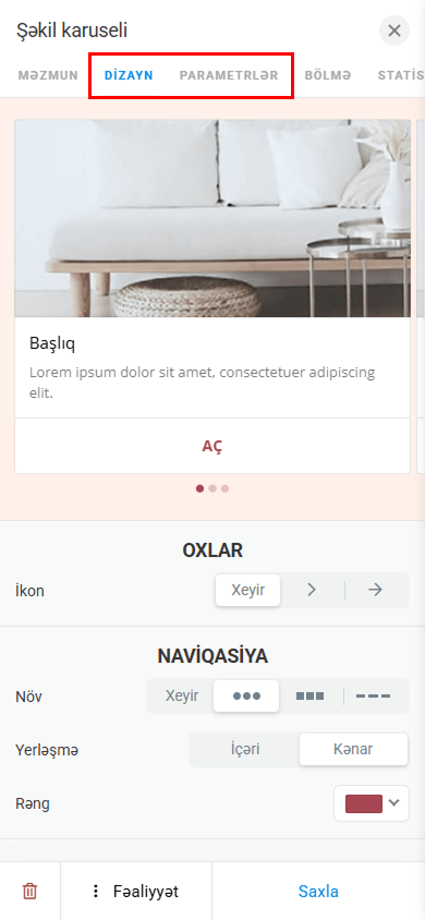 Şəkil karuseli blok parametrlərində Dizayn və Parametrlər sekmələrinin vurğulanması