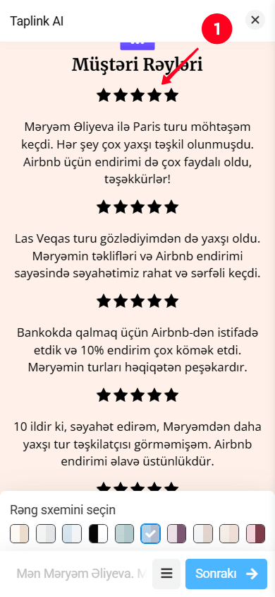 Taplink AI səhifə redaktorunda Rəylər bölməsinə toxunmaq