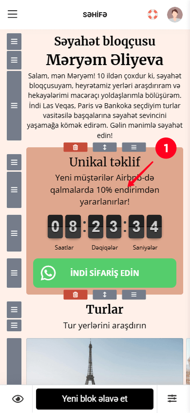 Taplink redaktorunda Mətn blokuna toxunmaq