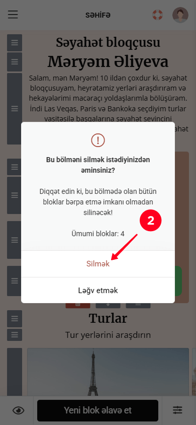 Taplink açılan pəncərəsində Silmək düyməsini seçmək