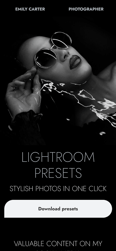 Top section of the photographer’s Beacons-style website created on Taplink