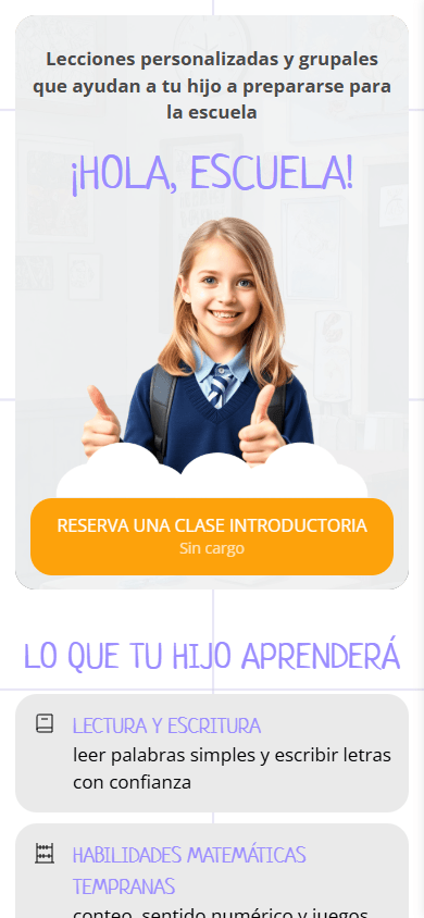 Parte superior del ejemplo de la página de link in bio de una escuela infantil online