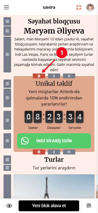 Taplink qurucuda bölməni silmək üçün silmə ikonuna toxunmaq