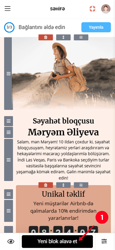 Taplink səhifə redaktorunda Yeni blok əlavə et düyməsinə toxunmaq