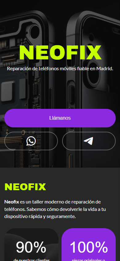 Parte superior del ejemplo de la página de link in bio de un taller de reparación de teléfonos