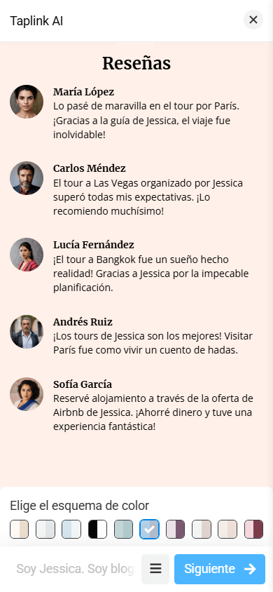 Un diseño de la sección de Reseñas con fotos pequeñas de clientes, sus nombres y testimonios