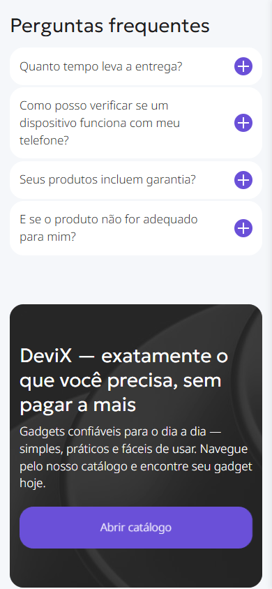 Parte inferior da página de link na bio de uma loja de gadgets