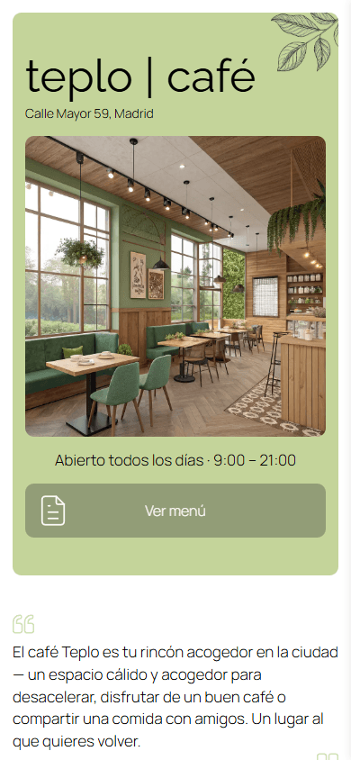 Parte superior del ejemplo de la página de link in bio de un café