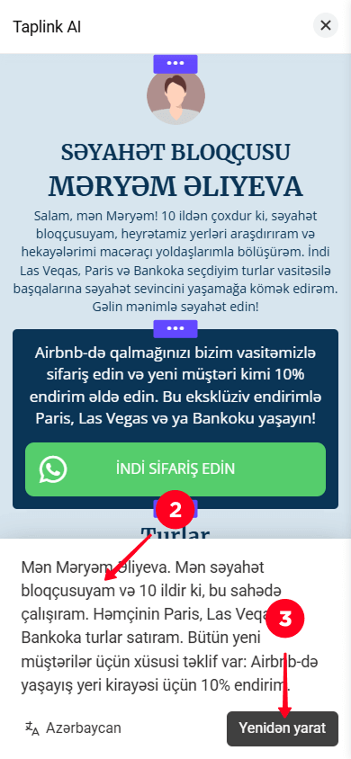 Biznes təsvirini redaktə edib Taplink AI-də Yenidən yarat düyməsinə toxunmaq