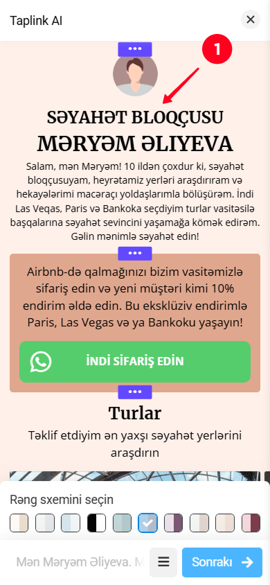 Taplink AI interfeysində bölməyə toxunmaq